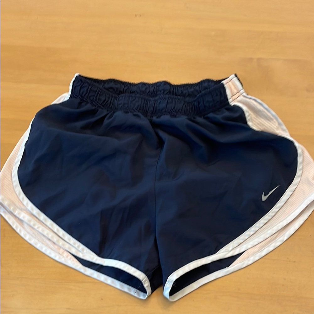Nike Dri-Fit Blue and White Athletic Shorts with Curved Hems